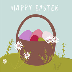 easter basket with eggs and flowers