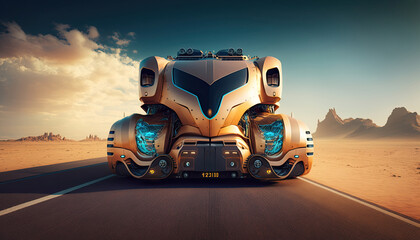 Futuristic Big Truck on a highway.Luxury Truck, concept art