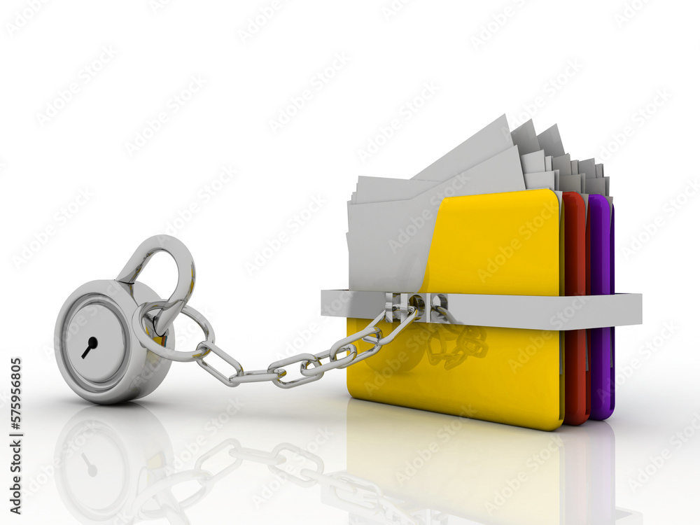 Poster 3d rendering yellow folder and lock. data security concept