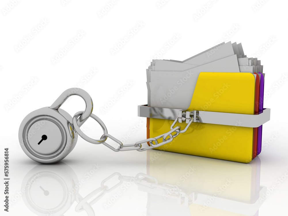 Poster 3d rendering yellow folder and lock. data security concept