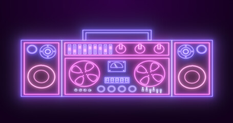 Neon retro tape recorder for listening to songs old vintage hipster luminous blue-purple