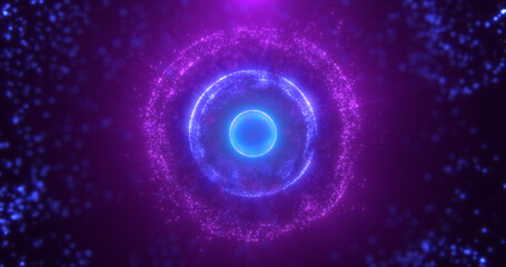Abstract round purple sphere glowing energy magic molecule with atoms from particles and dots cosmic. Abstract background