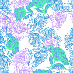 Beautiful flower line seamless pattern ornament. Floral vintage outline endless background. Retro style.