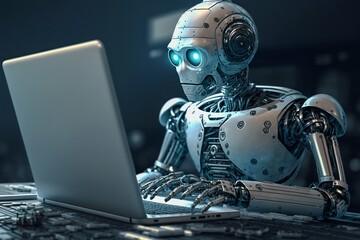 Ai robot working on laptop. Generative AI