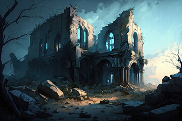 Scattered Ruins of a Forgotten City - A Solitary Destroyed Building Illustration Generative AI