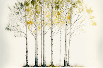 Birch grove in summer season. Watercolor illustration on white background. Generative AI.