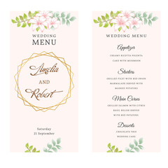 Set 2 templates of pink floral watercolor and vector Wedding Menu in rustic style, light blush pink flowers, gold frames, branches with green leaves and calligraphy text on beige background.