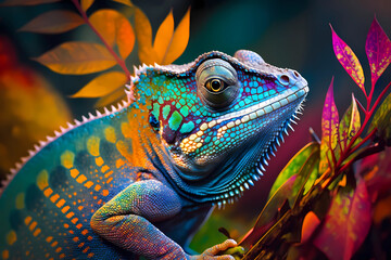 Fototapeta premium Beautiful Exotic Tropical Reptile Chameleon on Branch with Bokeh Background, Generative AI