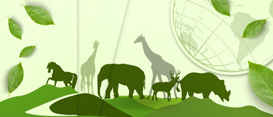 World wildlife day environment and digital Paper Cut style for sustainability concept on Green background. March 3, Natural, poster, banner, copy space, website -3d Rendering