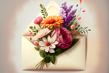 Realistic Bunch of flowers and envelope how to celebrate womens day. Generative Ai