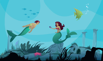 Fototapeta na wymiar Underwater World Mermaids