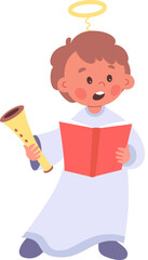 Angel child with nimbus singing song at choir flat icon