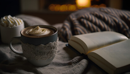 A steaming cup of tea or hot chocolate, with a cozy blanket and a book and laptop in the background, with the golden crema swirling on top