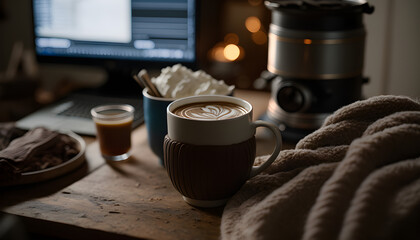 A steaming cup of tea or hot chocolate, with a cozy blanket and a book and laptop in the background, with the golden crema swirling on top