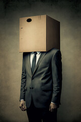 A businessman in a suit and tie, wearing a cardboard box on his head in a comical way. A surreal portrait that illustrates the world of work with humor. Generative AI