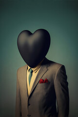 A professional in a suit and tie with a heart-shaped face: a humorous and surreal portrait approaching the world of work in an aesthetic way. 120-185 characters. Generative AI