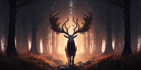Demon deer in the forest. Generative AI.