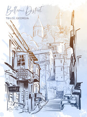 Narrow street leading to Betlemi district in Tbilisi, Georgia. Urban life sketch for a Postcard or Blog. Line drawing isolated on grunge watercolour textured background. EPS10 vector illustration