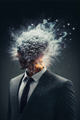 A businessman with a detonating effect. A humorous portrait that mixes the professional world with business. Suit and tie, framed by wisps of smoke. Generative AI - obrazy, fototapety, plakaty
