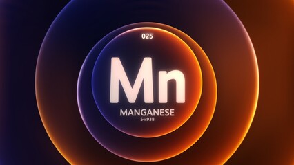 Manganese as Element 25 of the Periodic Table. Concept illustration on abstract blue orange gradient rings seamless loop background. Title design for science content and infographic showcase display.