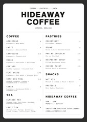 Coffee Menu, Restaurant, coffee shop, cafe, menu, layout. Hipster style, minimal.