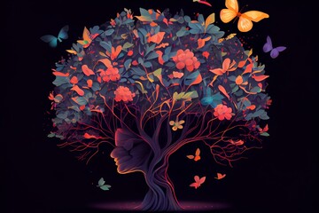 Human Brain Tree With Flowers And Butterflies, Self Care And Mental Health Concept, Positive Thinking, Creative Mind. Generative AI