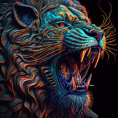 Colourful artistic illustration of wild roaring angry lion, wild cat's