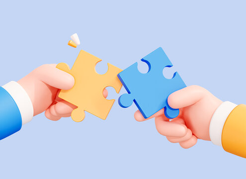 3D Team of people holding puzzle pieces. Partner problem solving. Business idea and solution. Fix problem. Partnership connection. Cartoon creative design isolated on blue background. 3D Rendering
