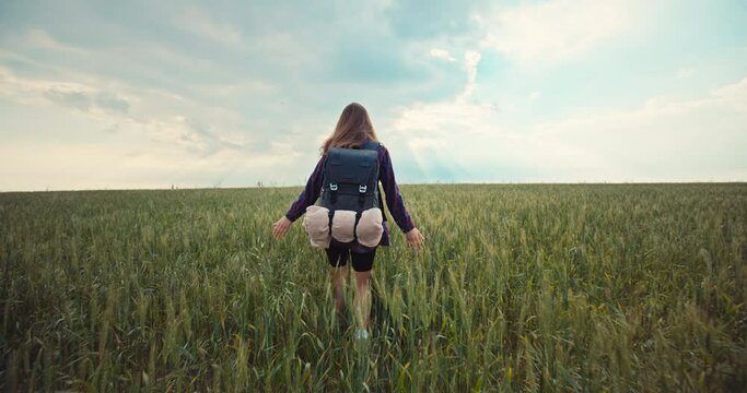 A woman travels with a backpack while hiking in a field. A girl alone feels freedom and happiness. Beautiful landscape nature protection. High quality 4k footage