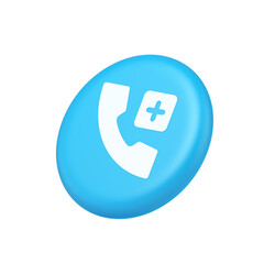 Call phone add emergency hotline service blue round button 3d isometric realistic icon