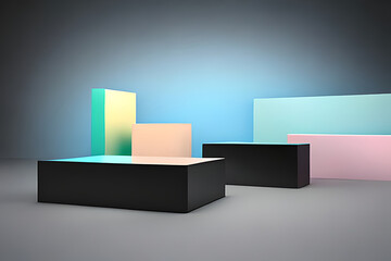 Product Photography Background, featuring colourful plinths and soft light, created using Generative Ai Technology.