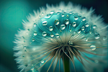 Abstract dandelion flower seeds with water drops background.