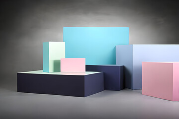 Product Photography Background, featuring colourful plinths and soft light, created using Generative Ai Technology.