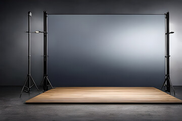 PPhotography Background, featuring wood floor, grey backdrop and soft light, created using Generative Ai Technology.