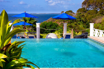 Pool with wiev to the ocean on tropical island , carribean ocean, Trinidad and Tobago