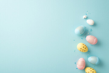 Easter decor concept. Top view photo of colorful easter eggs and sprinkles on isolated pastel blue background with empty space