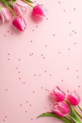 8 march concept. Top view vertical photo of bunches of pink tulips and scattered sprinkles on...
