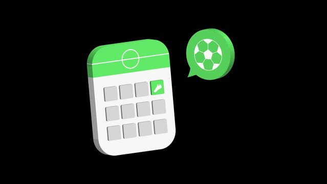 animation of football match fixture reminder alert in 3d calendar organizer with ball shoes and field icon