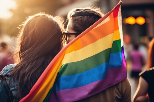 Two women at LGBT parade with rainbow flag, selective focus. AI generated