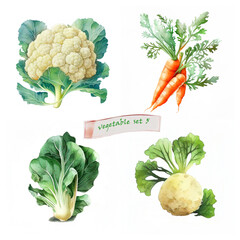 Vegetables Watercolour Set. Cauliflower, Carrot, Bok choy, Celery. Generative ai - 575964059