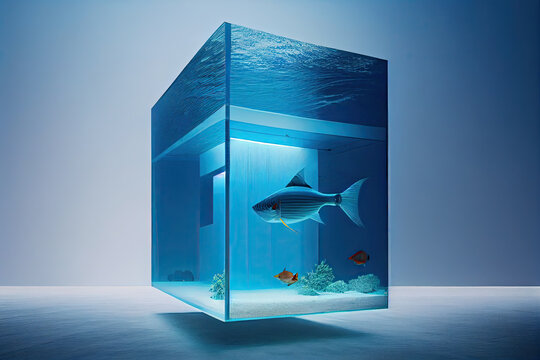 On the bottom of a blue ocean there is a modern minimalist building surrounded by colorful tropical fish.