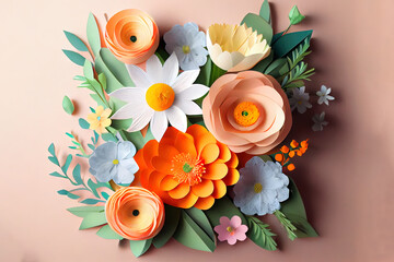 Amazing Flat lay of paper flowers arrangement for women's day, realistic. Generative Ai