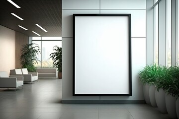 Mockup als Werbebildschirm in der Hotellobby. Display an der Wand am Eingang. Freie, leere Werbefläche in einem großen öffentlichen Raum - KI generiert - obrazy, fototapety, plakaty