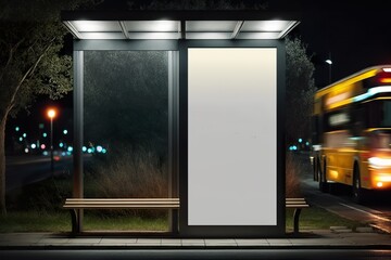 Mockup as advertising screen or illuminated display at the bus stop at night. Free, empty advertising space in the pedestrian zone.