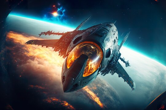 Raumschiff im Kampfmodus in einer Schlacht und den Planeten. Explosionen und Zerst&ouml;rung aus der Sicht eines Raumgleiters in der N&auml;he. Sci-Fi Scene zur Illustration von Raumschlachten - KI generiert