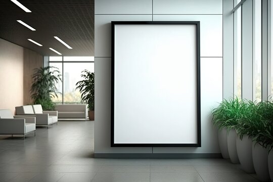Mockup als Werbebildschirm in der Hotellobby. Display an der Wand am Eingang. Freie, leere Werbefläche in einem großen öffentlichen Raum - KI generiert