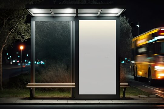 Mockup as advertising screen or illuminated display at the bus stop. Free, empty advertising space in the pedestrian zone. AI generated