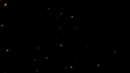 Fire burn ash or dust particles, flying and floating on air, overlay a black background in this...