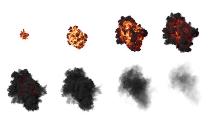 Set of Aerial Fire and Smoke Explosion Isolated on Black Background with Alpha Channel. Medium Shot.