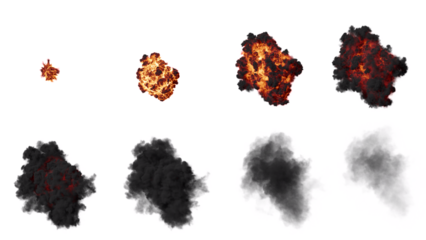 Set of Aerial Fire and Smoke Explosion Isolated on Black Background with Alpha Channel. Medium Shot.